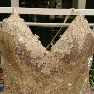 Full length, gold sequin, dress